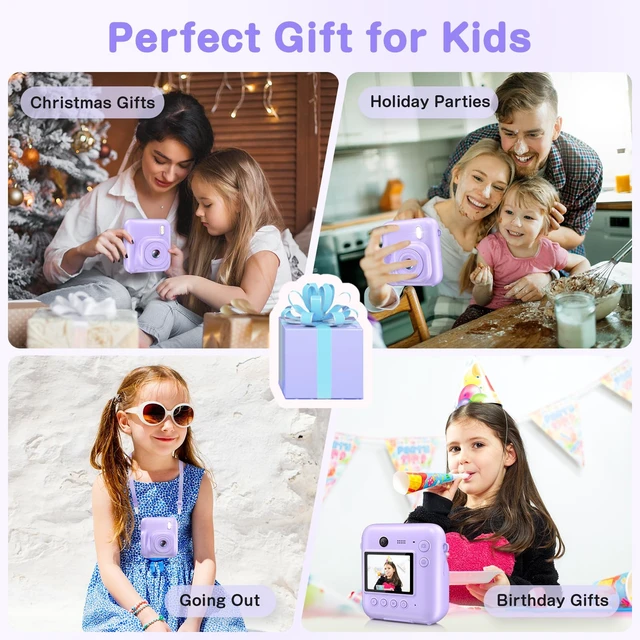 Alt view image 7 of 7 - Kids Camera Instant Print, Dual-Lens 48MP Digital Camera,Purple, Christmas Birthday Gifts, 1080P Video, Selfie Lens, 32GB Card, For Girls Boys