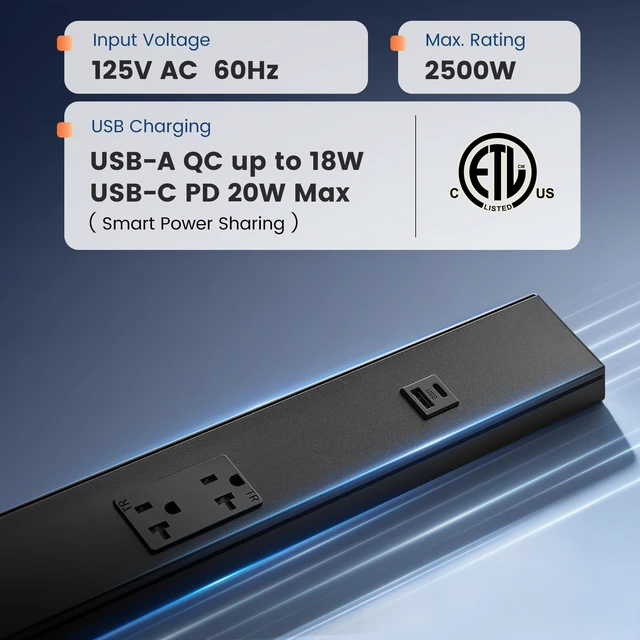 Alt view image 2 of 7 - Under Cabinet Power Strip Hardwired, 24 inch, 20 Amp 2 Standard TR Outlets with USB-A & USB-C, Modular Extension System (No Cutting),Power Strip for Kitchen, ETL Listed, Black