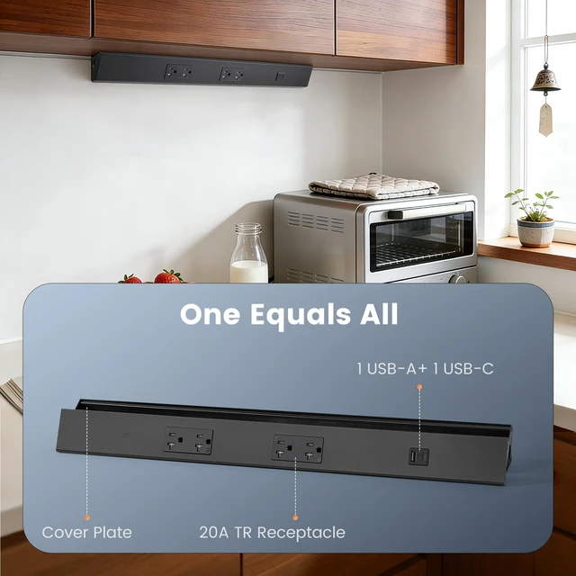 Alt view image 3 of 7 - Under Cabinet Power Strip Hardwired, 24 inch, 20 Amp 2 Standard TR Outlets with USB-A & USB-C, Modular Extension System (No Cutting),Power Strip for Kitchen, ETL Listed, Black