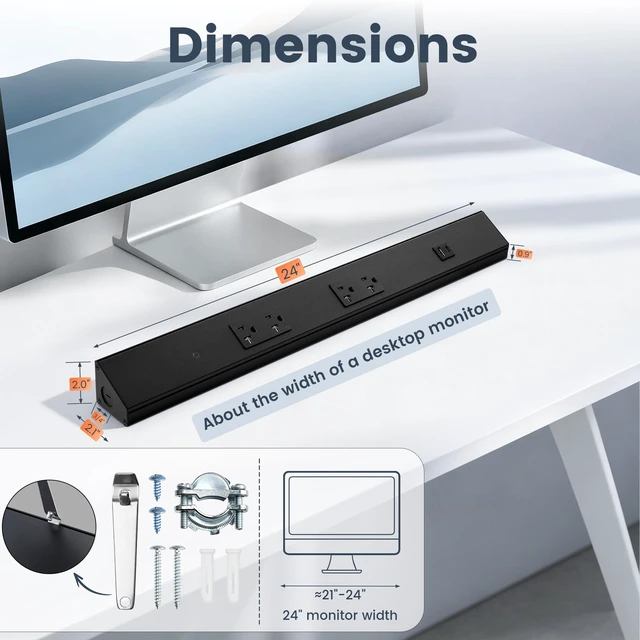 Alt view image 7 of 7 - Under Cabinet Power Strip Hardwired, 24 inch, 20 Amp 2 Standard TR Outlets with USB-A & USB-C, Modular Extension System (No Cutting),Power Strip for Kitchen, ETL Listed, Black