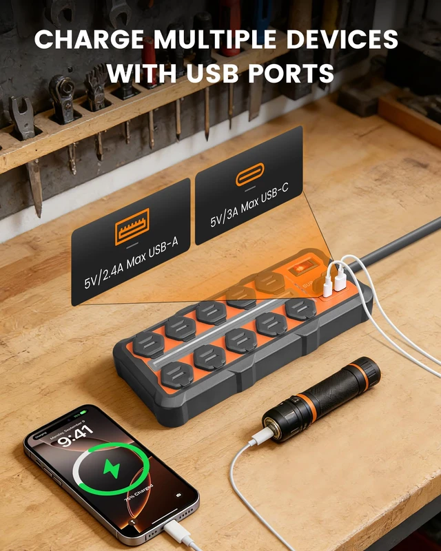 Alt view image 4 of 7 - Heavy Duty Power Strip with 4500J Surge Protector, 10 AC Outlets 1 USB-A & 1 USB-C Ports, Overmolded Rubber Housing, Wall Mount, 14AWG 10Ft Cord for Workshop, Garage, Office, ETL Listed