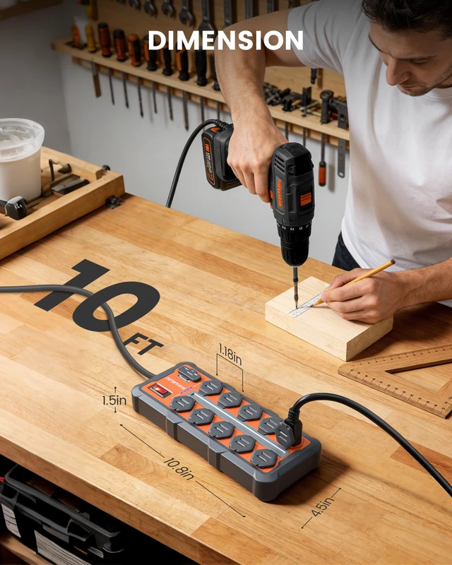 Alt view image 7 of 7 - Heavy Duty Power Strip with 4500J Surge Protector, 10 AC Outlets 1 USB-A & 1 USB-C Ports, Overmolded Rubber Housing, Wall Mount, 14AWG 10Ft Cord for Workshop, Garage, Office, ETL Listed