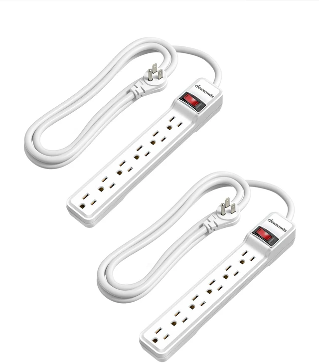 Main image of 2-Pack 6FT Power Strip Surge Protector with 6-Outlet Low Profile Flat Plug, 15 Amp Circuit Breaker, 500 Joules, Wall Mount for Office, Living Room, Bedroom, White
