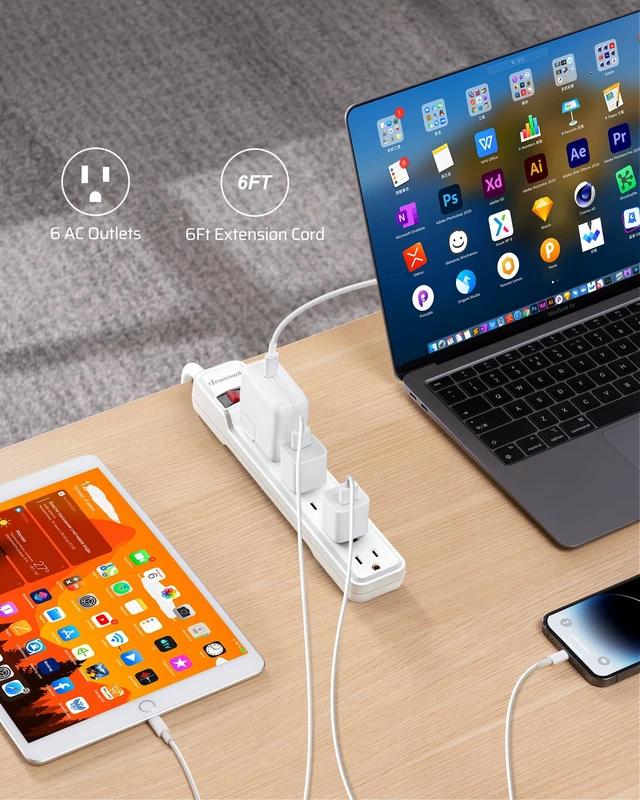 Alt view image 2 of 7 - 2-Pack 6FT Power Strip Surge Protector with 6-Outlet Low Profile Flat Plug, 15 Amp Circuit Breaker, 500 Joules, Wall Mount for Office, Living Room, Bedroom, White