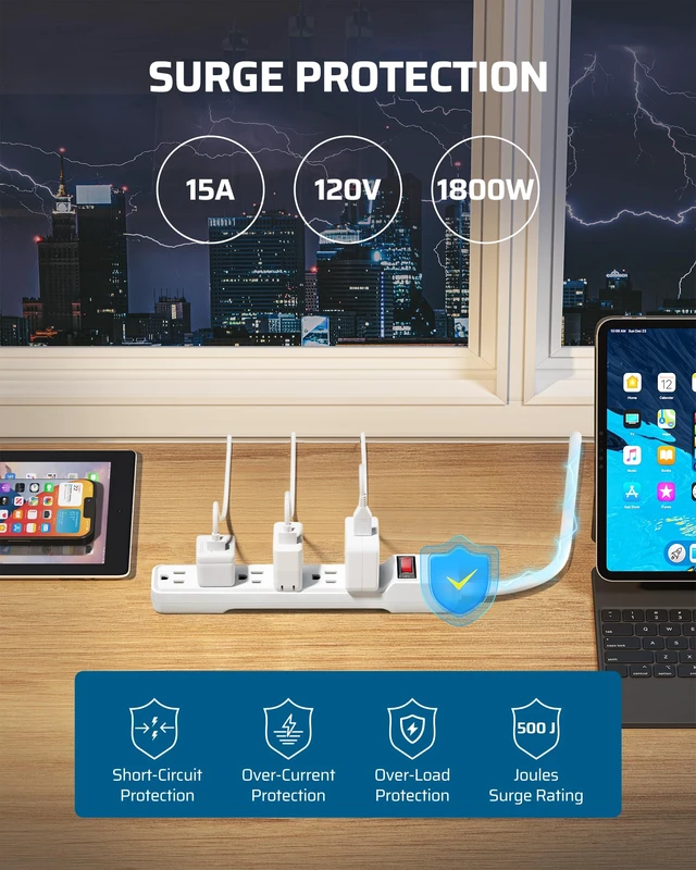Alt view image 4 of 7 - 2-Pack 6FT Power Strip Surge Protector with 6-Outlet Low Profile Flat Plug, 15 Amp Circuit Breaker, 500 Joules, Wall Mount for Office, Living Room, Bedroom, White