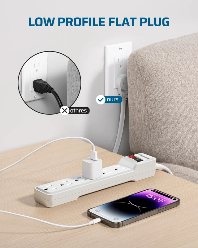 Alt view image 5 of 7 - 2-Pack 6FT Power Strip Surge Protector with 6-Outlet Low Profile Flat Plug, 15 Amp Circuit Breaker, 500 Joules, Wall Mount for Office, Living Room, Bedroom, White