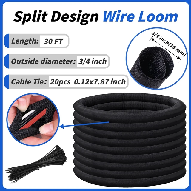 Alt view image 4 of 7 - 30ft - 3/4in Split Braided Sleeve Cable Management, Self-Wrapping Flexible loom tubing protects wires from abrasion and heat. Great for automotive, TV, computer, and home electrical use