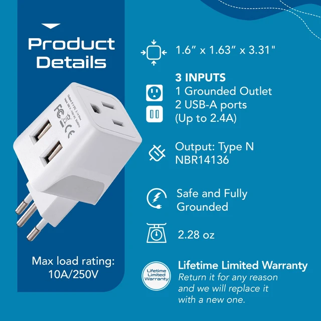Alt view image 3 of 7 - Brazil Travel Adapter Plug With Dual USB - USA Input - Type N - Ultra Compact - Perfect for Cell Phones, Laptop, Camera Chargers, iWatch and More (CTU-11C)