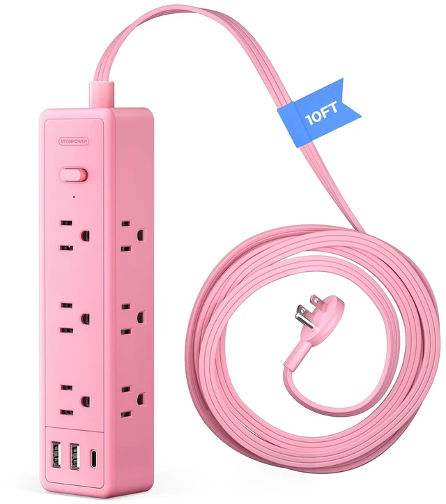 Main image of Pink Power Strip, Power Strip 9 Outlets 3 USB Ports(1 USB C), Flat Extension Cord 10FT Wall Mount, 1080J, Multiple Outlets for for Home Office, Vanity Desk, Nightstand,Women