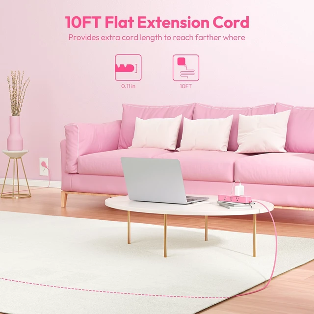 Alt view image 2 of 7 - Pink Power Strip, Power Strip 9 Outlets 3 USB Ports(1 USB C), Flat Extension Cord 10FT Wall Mount, 1080J, Multiple Outlets for for Home Office, Vanity Desk, Nightstand,Women