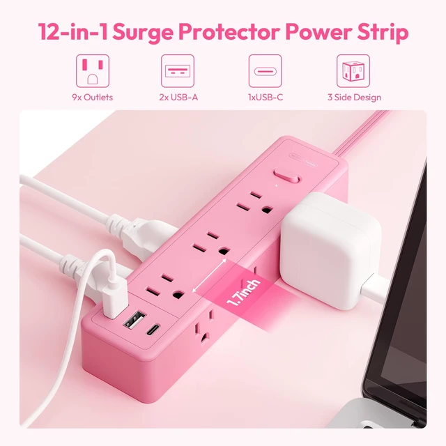 Alt view image 3 of 7 - Pink Power Strip, Power Strip 9 Outlets 3 USB Ports(1 USB C), Flat Extension Cord 10FT Wall Mount, 1080J, Multiple Outlets for for Home Office, Vanity Desk, Nightstand,Women
