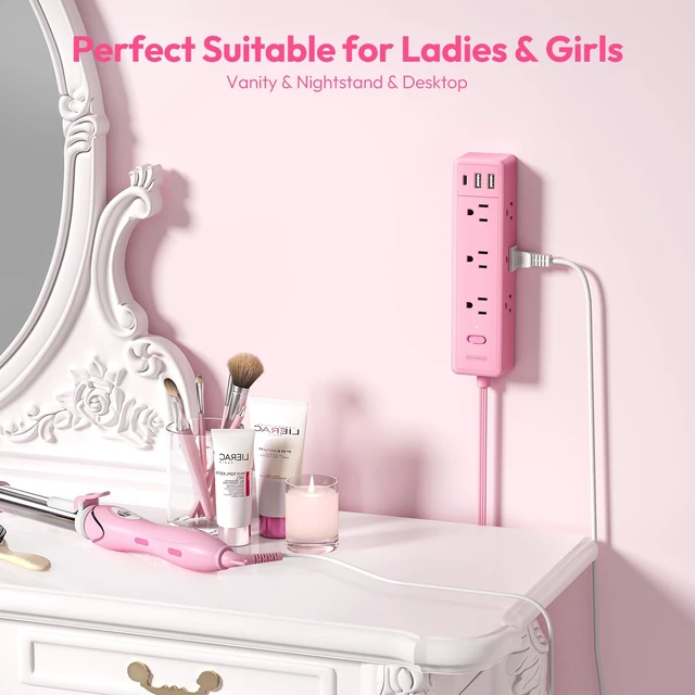Alt view image 4 of 7 - Pink Power Strip, Power Strip 9 Outlets 3 USB Ports(1 USB C), Flat Extension Cord 10FT Wall Mount, 1080J, Multiple Outlets for for Home Office, Vanity Desk, Nightstand,Women