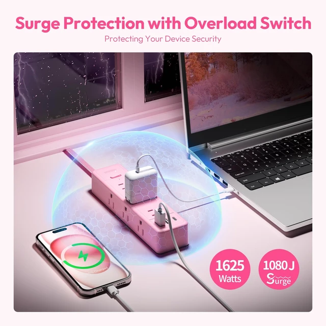 Alt view image 5 of 7 - Pink Power Strip, Power Strip 9 Outlets 3 USB Ports(1 USB C), Flat Extension Cord 10FT Wall Mount, 1080J, Multiple Outlets for for Home Office, Vanity Desk, Nightstand,Women