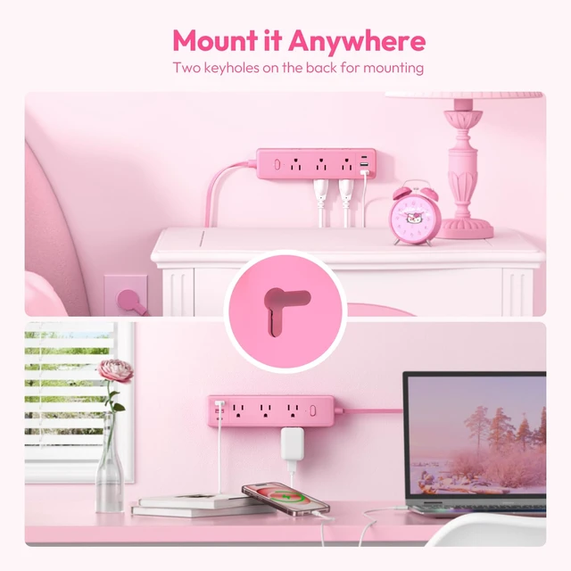 Alt view image 6 of 7 - Pink Power Strip, Power Strip 9 Outlets 3 USB Ports(1 USB C), Flat Extension Cord 10FT Wall Mount, 1080J, Multiple Outlets for for Home Office, Vanity Desk, Nightstand,Women