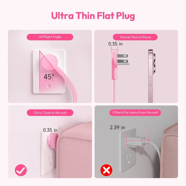 Alt view image 7 of 7 - Pink Power Strip, Power Strip 9 Outlets 3 USB Ports(1 USB C), Flat Extension Cord 10FT Wall Mount, 1080J, Multiple Outlets for for Home Office, Vanity Desk, Nightstand,Women