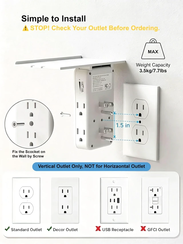 Alt view image 2 of 7 - Multi Plug Wall Outlet Extender, USB Ports with Shelf & Night Light, White 3-Side Flat Outlet Splitter, 2 USB Charging Ports (1A/1C), Multi Plug Wall Outlet with Shelf & Storage for Home Office