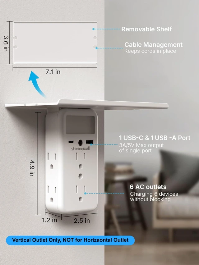 Alt view image 3 of 7 - Multi Plug Wall Outlet Extender, USB Ports with Shelf & Night Light, White 3-Side Flat Outlet Splitter, 2 USB Charging Ports (1A/1C), Multi Plug Wall Outlet with Shelf & Storage for Home Office