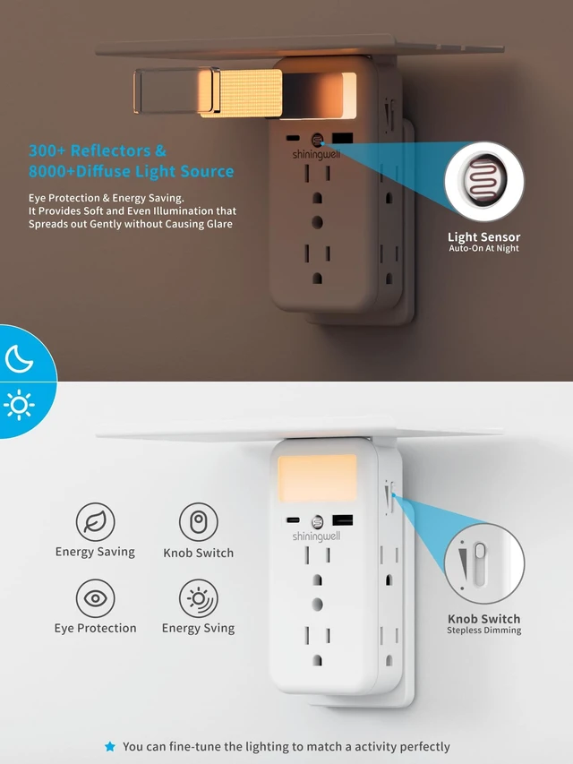 Alt view image 4 of 7 - Multi Plug Wall Outlet Extender, USB Ports with Shelf & Night Light, White 3-Side Flat Outlet Splitter, 2 USB Charging Ports (1A/1C), Multi Plug Wall Outlet with Shelf & Storage for Home Office