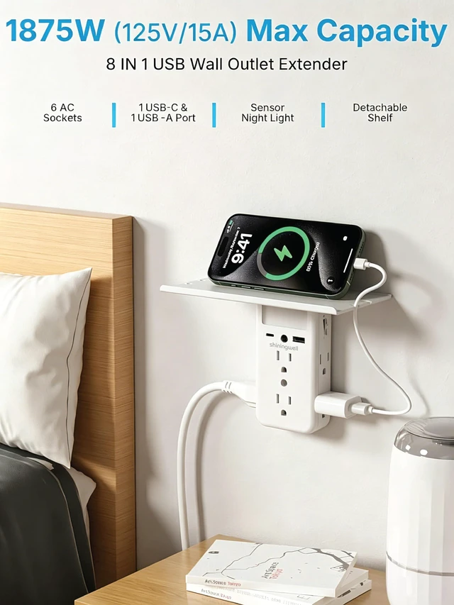 Alt view image 5 of 7 - Multi Plug Wall Outlet Extender, USB Ports with Shelf & Night Light, White 3-Side Flat Outlet Splitter, 2 USB Charging Ports (1A/1C), Multi Plug Wall Outlet with Shelf & Storage for Home Office