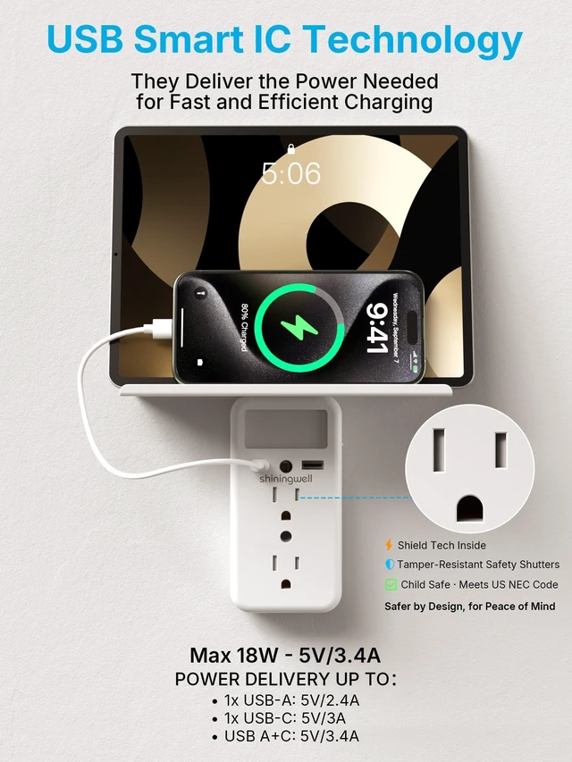 Alt view image 6 of 7 - Multi Plug Wall Outlet Extender, USB Ports with Shelf & Night Light, White 3-Side Flat Outlet Splitter, 2 USB Charging Ports (1A/1C), Multi Plug Wall Outlet with Shelf & Storage for Home Office
