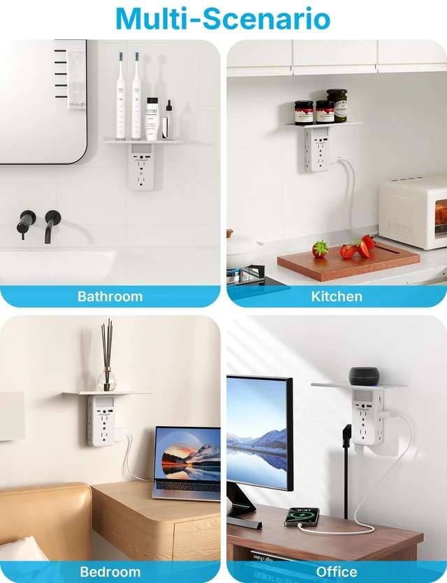 Alt view image 7 of 7 - Multi Plug Wall Outlet Extender, USB Ports with Shelf & Night Light, White 3-Side Flat Outlet Splitter, 2 USB Charging Ports (1A/1C), Multi Plug Wall Outlet with Shelf & Storage for Home Office