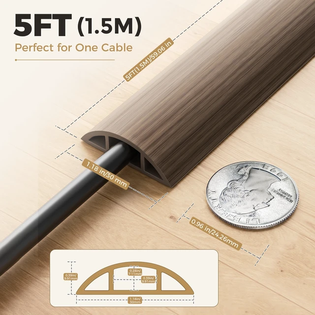Alt view image 2 of 7 - 5-ft Floor Cord Cover, Self-Adhesive Cable Covers for Wires, Sandalwood Wood-Grain Power Cord Protector, Premium Grade PVC Extension Cord Cover to Avoid Tripping, 1.18" (W) x 0.39" (H)