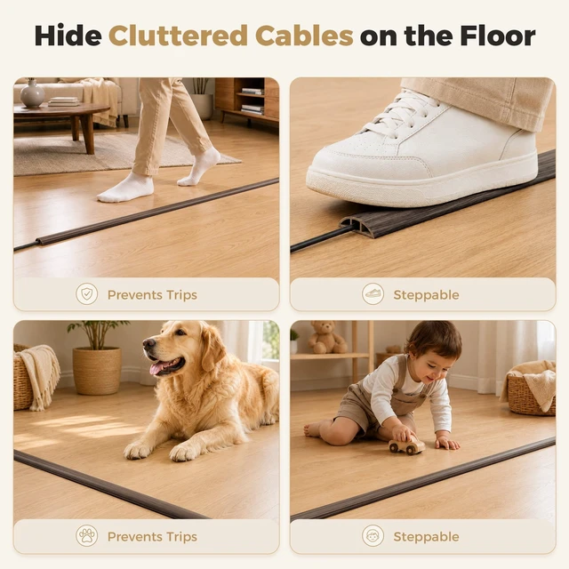 Alt view image 7 of 7 - 5-ft Floor Cord Cover, Self-Adhesive Cable Covers for Wires, Sandalwood Wood-Grain Power Cord Protector, Premium Grade PVC Extension Cord Cover to Avoid Tripping, 1.18" (W) x 0.39" (H)