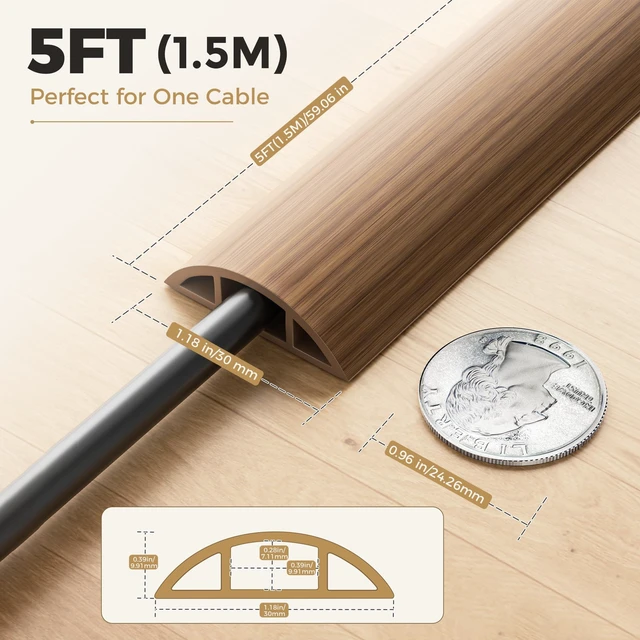 Alt view image 2 of 7 - 5-ft Floor Cord Cover, Self-Adhesive Cable Covers for Wires, Yellow Oak Wood-Grain Power Cord Protector, Premium Grade PVC Extension Cord Cover to Avoid Tripping, 1.18" (W) x 0.39" (H)
