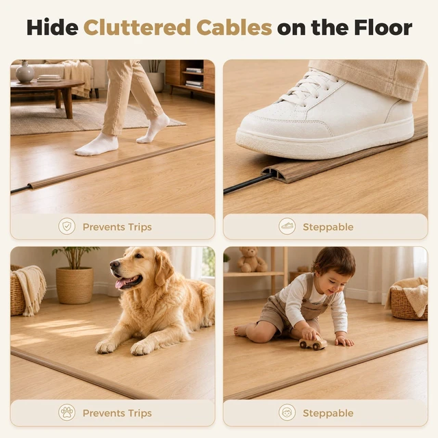 Alt view image 6 of 7 - 5-ft Floor Cord Cover, Self-Adhesive Cable Covers for Wires, Yellow Oak Wood-Grain Power Cord Protector, Premium Grade PVC Extension Cord Cover to Avoid Tripping, 1.18" (W) x 0.39" (H)