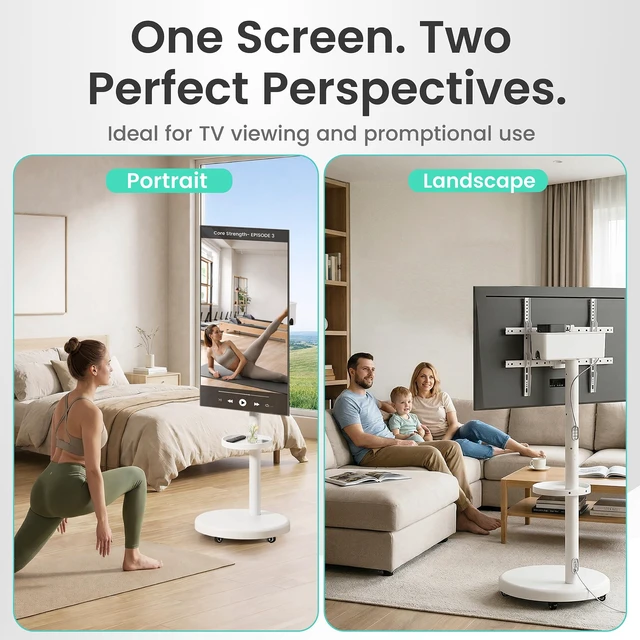 Alt view image 5 of 6 - Rolling TV Floor Stand Cart with Wheels for 37-86" Screens Height adjustable shelf, built in cable management, 90 degree portrait and landscape rotation, 110 LB Limit, max VESA 600x400