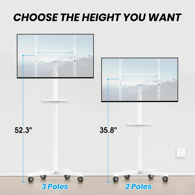 Alt view image 3 of 7 - Mobile TV Cart, Rolling TV Stand with Wheels/Shelf for 21-60 Inch, White Tilt/Height Adjustable Portable TV Stand Up to 88lbs, Movable TV Stand for Bedroom, Living Room, Outdoor, Max VESA 400x400mm