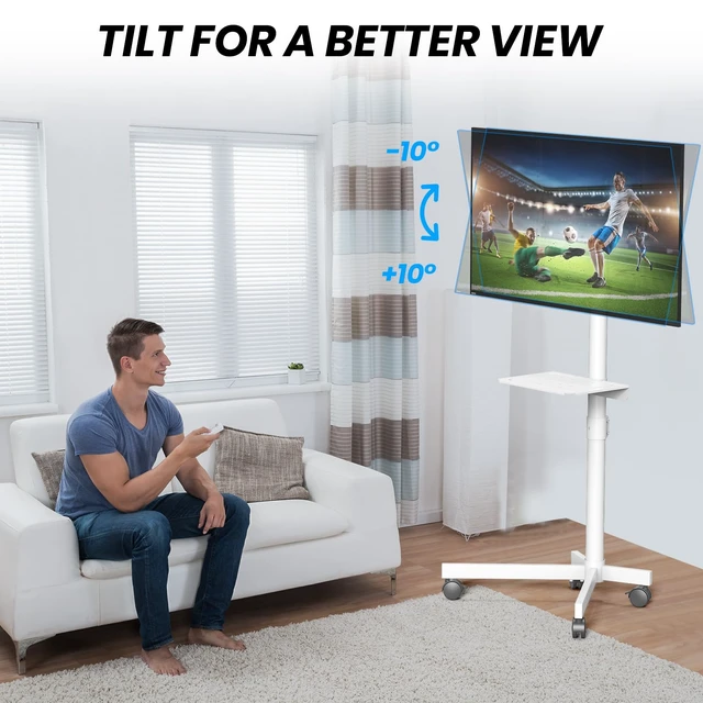 Alt view image 6 of 7 - Mobile TV Cart, Rolling TV Stand with Wheels/Shelf for 21-60 Inch, White Tilt/Height Adjustable Portable TV Stand Up to 88lbs, Movable TV Stand for Bedroom, Living Room, Outdoor, Max VESA 400x400mm