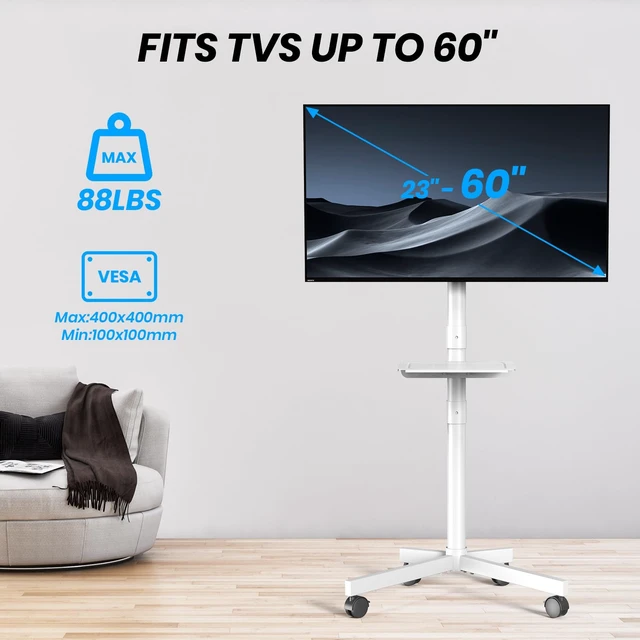 Alt view image 7 of 7 - Mobile TV Cart, Rolling TV Stand with Wheels/Shelf for 21-60 Inch, White Tilt/Height Adjustable Portable TV Stand Up to 88lbs, Movable TV Stand for Bedroom, Living Room, Outdoor, Max VESA 400x400mm