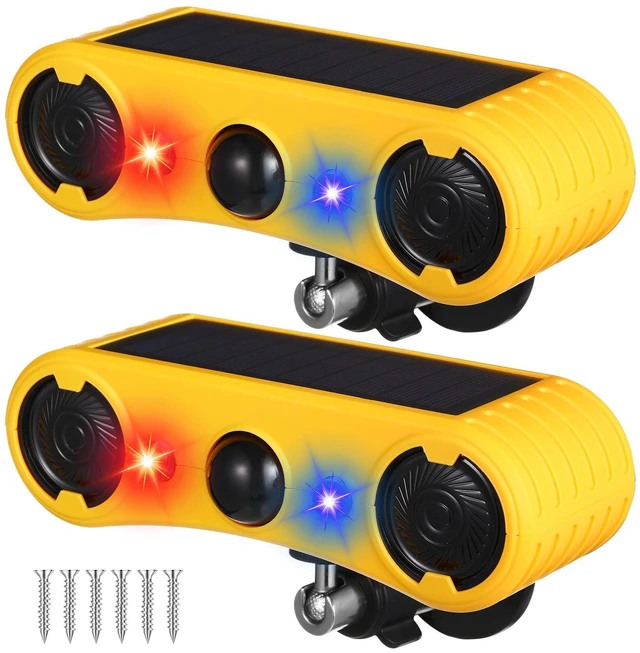 Main image of 2 Pack Solar Motion Sensor Alarm 129db Motion Detector Noise Maker 13 Sound Detector Strobe Light, 4 Modes Animal Deterrent Dog Barking Alarm, Mount on Ground Fence Wall Garden
