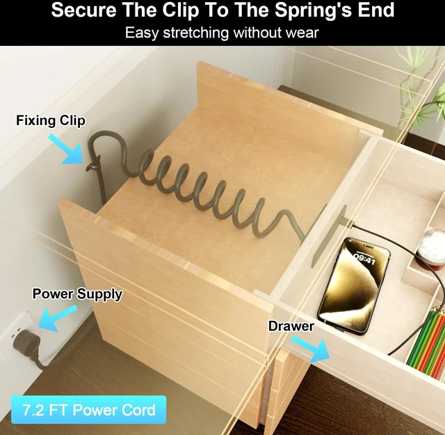 Alt view image 3 of 7 - Drawer Outlet Kit, Recessed Furniture Power Strip, PD 20W Fast Charging Horizontal Outlet, Clutter-Free Drawer Socket with 2 USB(A & C) and 3 12 Amp AC Ports, 7.2 FT Power Cord, Spring Cable