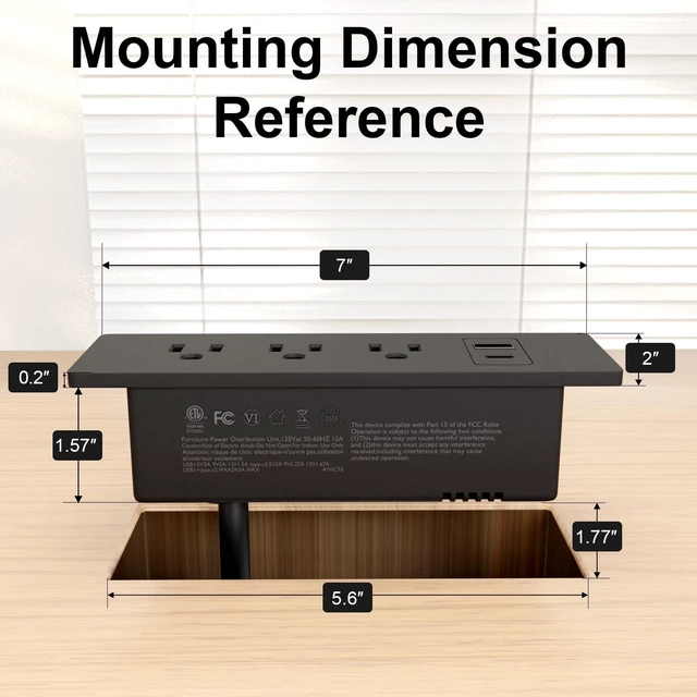 Alt view image 6 of 7 - Drawer Outlet Kit, Recessed Furniture Power Strip, PD 20W Fast Charging Horizontal Outlet, Clutter-Free Drawer Socket with 2 USB(A & C) and 3 12 Amp AC Ports, 7.2 FT Power Cord, Spring Cable