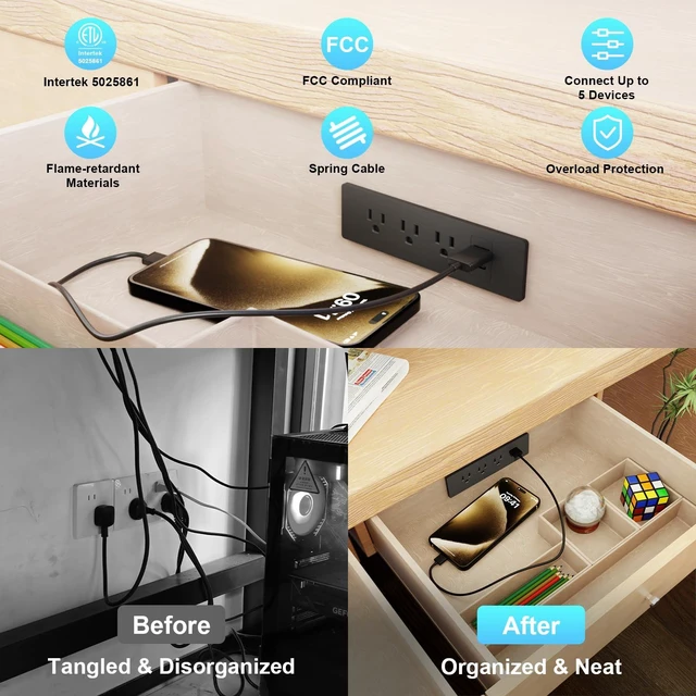 Alt view image 5 of 7 - Drawer Outlet Kit, Recessed Furniture Power Strip, PD 20W Fast Charging Horizontal Outlet, Clutter-Free Drawer Socket with 2 USB(A & C) and 3 12 Amp AC Ports, 7.2 FT Power Cord, Spring Cable