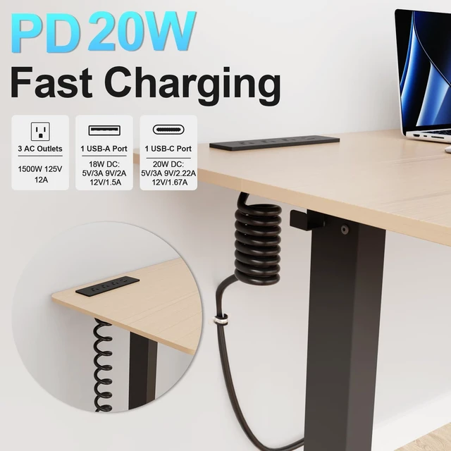 Alt view image 2 of 7 - Drawer Outlet Kit, Recessed Furniture Power Strip, PD 20W Fast Charging Horizontal Outlet, Clutter-Free Drawer Socket with 2 USB(A & C) and 3 12 Amp AC Ports, 7.2 FT Power Cord, Spring Cable