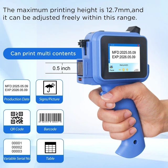 Alt view image 3 of 7 - Handheld Inkjet Printer with 42ml Quick-Drying Ink Cartridge, 0.5 Inch Nozzle Ink Jet Coding Machine for EXP Date/Batch Number/QR Code/Barcode/Logo/Text (ZM-C12mini) (Blue)