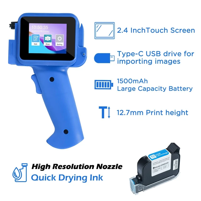 Alt view image 5 of 7 - Handheld Inkjet Printer with 42ml Quick-Drying Ink Cartridge, 0.5 Inch Nozzle Ink Jet Coding Machine for EXP Date/Batch Number/QR Code/Barcode/Logo/Text (ZM-C12mini) (Blue)