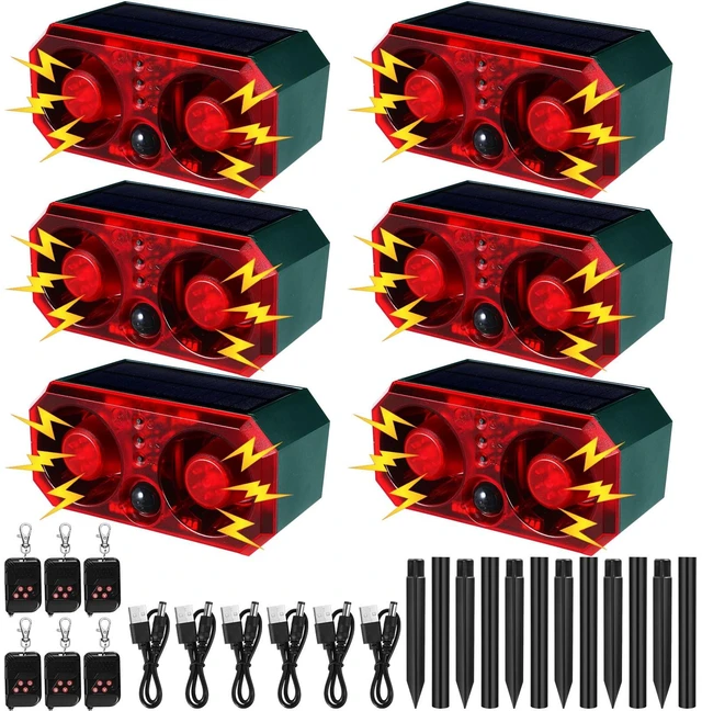 Main image of 6 Pcs Solar Outdoor Motion Sensor Alarm with Stake Dog Barking Sensor 13 Sound 130db Loud Noise Maker 4 Mode with USB Remote Control Support Recording Volume Adjustment