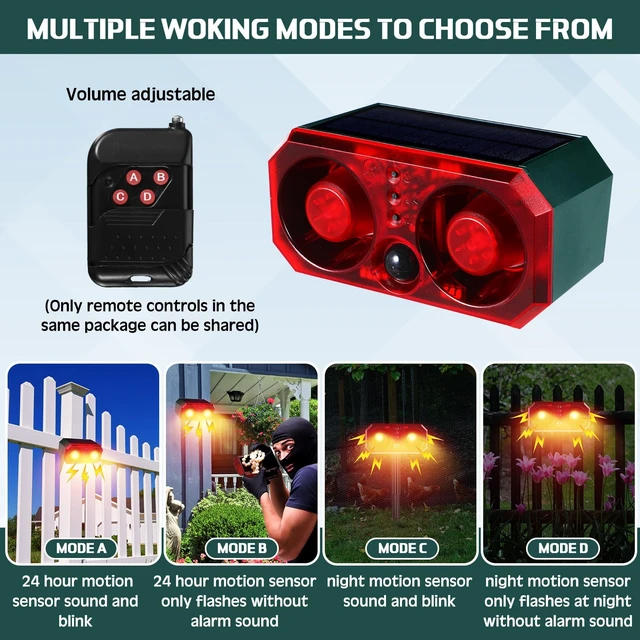 Alt view image 3 of 7 - 6 Pcs Solar Outdoor Motion Sensor Alarm with Stake Dog Barking Sensor 13 Sound 130db Loud Noise Maker 4 Mode with USB Remote Control Support Recording Volume Adjustment