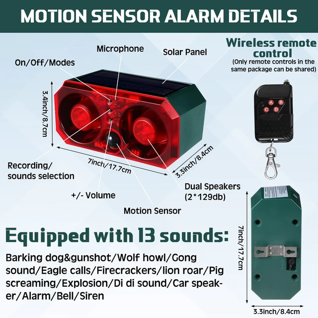 Alt view image 2 of 7 - 6 Pcs Solar Outdoor Motion Sensor Alarm with Stake Dog Barking Sensor 13 Sound 130db Loud Noise Maker 4 Mode with USB Remote Control Support Recording Volume Adjustment