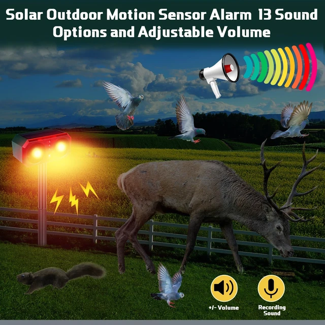 Alt view image 4 of 7 - 6 Pcs Solar Outdoor Motion Sensor Alarm with Stake Dog Barking Sensor 13 Sound 130db Loud Noise Maker 4 Mode with USB Remote Control Support Recording Volume Adjustment