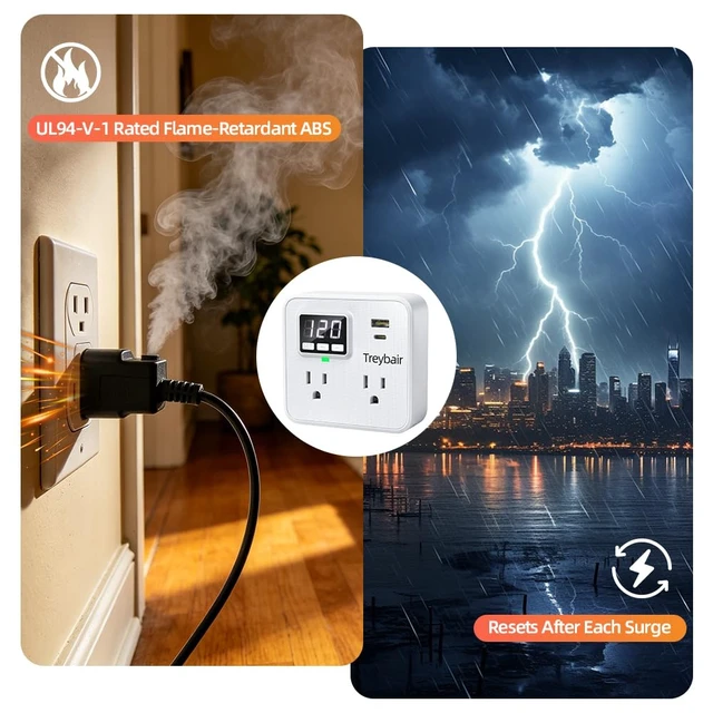 Alt view image 3 of 7 - Surge Protector Power Strip Voltage Protection with USB Type-C, 80V-140V Power Surge Protectors for Refrigerator, TV, Computer LED Display Voltage Monitoring Fireproof UL94V-1,2 Pack