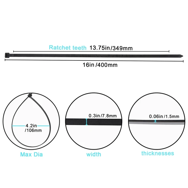 Alt view image 2 of 7 - 100 Pack 16 inch 120 Lbs Tensile Strength Self-Locking Eco-Friendly Nylon Plastic Cable Zip Ties Heavy Duty Black Wire Tie Wraps for Home, Office, Garden, Garage, Workshop (Large, 100pcs)