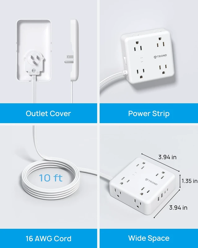 Alt view image 6 of 7 - Flat Power Strip with Outlet Cover, 10FT Long Extension Cord 8 AC Outlets with 2 USB A & 2 USB C Ports, 1700J Surge Protector, Flat Wall Plug Compact for Home Office Dorm Room Essentials