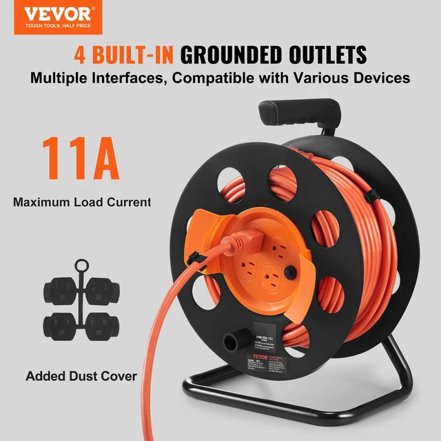 Alt view image 2 of 7 - 100 FT Retractable Extension Cord Reel with 4 Outlets & Heavy Duty 14AWG SJTOW Power Cord Cable, Portable Handle and Safety Overload Circuit Breaker, for Outdoor Indoor Toolshed Garage Use