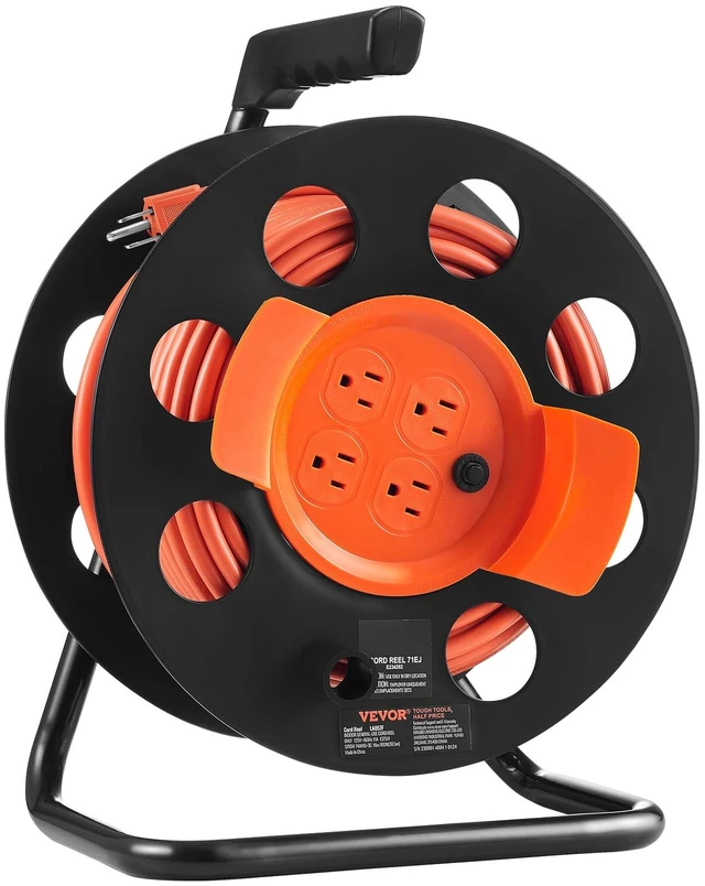 Main image of 100 FT Retractable Extension Cord Reel with 4 Outlets & Heavy Duty 14AWG SJTOW Power Cord Cable, Portable Handle and Safety Overload Circuit Breaker, for Outdoor Indoor Toolshed Garage Use