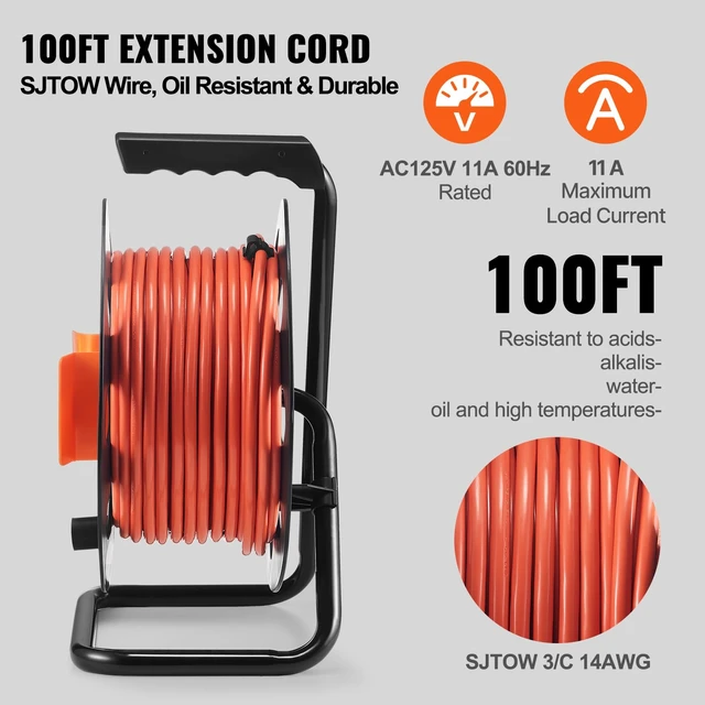 Alt view image 4 of 7 - 100 FT Retractable Extension Cord Reel with 4 Outlets & Heavy Duty 14AWG SJTOW Power Cord Cable, Portable Handle and Safety Overload Circuit Breaker, for Outdoor Indoor Toolshed Garage Use